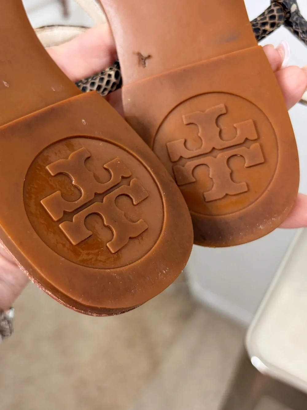 Tory Burch Tan Leather Thora Snake-Print Thong Sandals Size 7